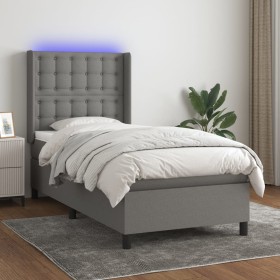 Cama box spring colchón y luces LED tela gris oscuro 90x200 cm