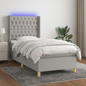 Cama box spring colchón y luces LED tela gris claro 90x200 cm