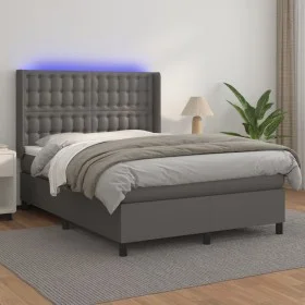 Box spring bed with mattress and LED gray synthetic leather 140x190 cm by vidaXL, Beds and slatted bases - Ref: Foro24-313938...