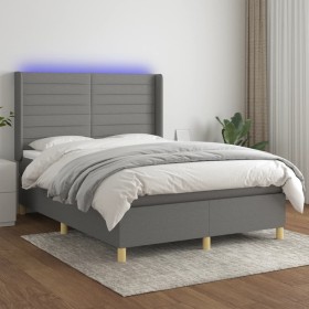 Cama box spring colchón y luces LED tela gris oscuro 140x200 cm