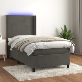 Cama box spring colchón y LED terciopelo gris oscuro 90x200 cm