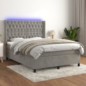 Cama box spring colchón y LED terciopelo gris claro 140x190 cm