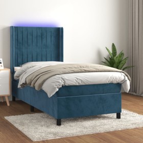 Cama box spring colchón y LED terciopelo azul oscuro 100x200 cm