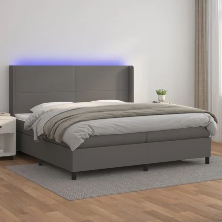 Box spring bed with mattress and LED gray synthetic leather 200x200 cm by vidaXL, Beds and slatted bases - Ref: Foro24-313928...