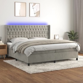 Cama box spring colchón y LED terciopelo gris claro 200x200 cm