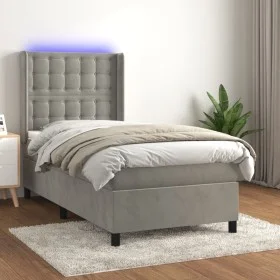Box spring bed with mattress and LED light gray velvet 100x200 cm by vidaXL, Beds and slatted bases - Ref: Foro24-3139787, Pr...