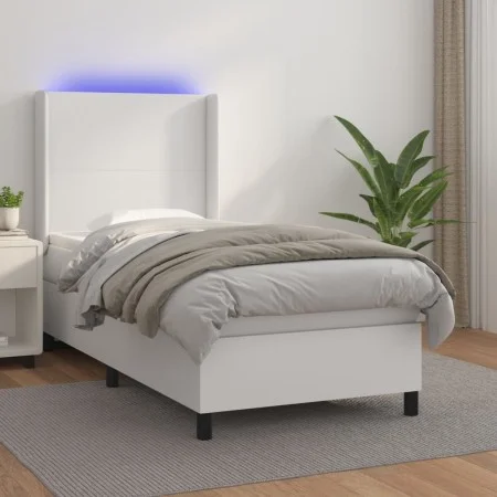Box spring bed with mattress and LED white synthetic leather 100x200 cm by vidaXL, Beds and slatted bases - Ref: Foro24-31392...