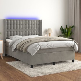 Cama box spring colchón y LED terciopelo gris claro 140x190 cm