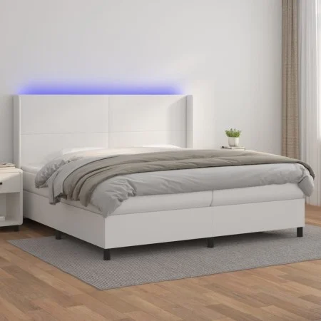 Box spring bed with mattress and LED white synthetic leather 200x200 cm by vidaXL, Beds and slatted bases - Ref: Foro24-31392...