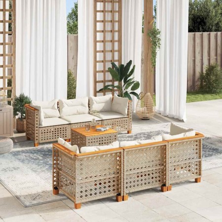 Set sofás de jardín 7 piezas y cojines ratán sintético beige