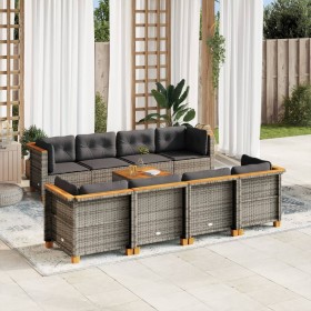 Set de muebles de jardín 9 pzas y cojines ratán sintético gris