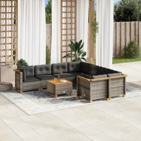Set de muebles de jardín 9 pzas y cojines ratán sintético gris