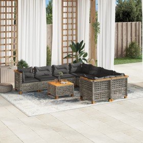 Set de muebles de jardín 9 pzas y cojines ratán sintético gris