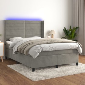 Cama box spring colchón y LED terciopelo gris claro 140x190 cm