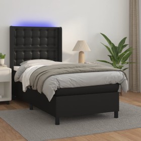 Cama box spring y colchón LED cuero sintético negro 80x200 cm