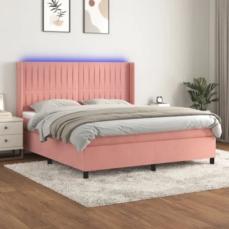 Box spring bed with mattress and LED pink velvet 160x200 cm by vidaXL, Beds and slatted bases - Ref: Foro24-3139696, Price: 5...