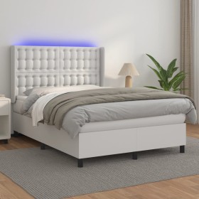 Cama box spring colchón y LED cuero sintético blanco 140x190 cm