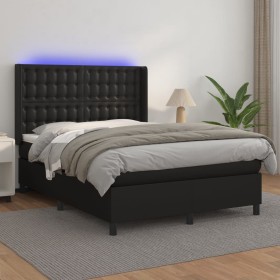 Cama box spring colchón y LED cuero sintético negro 140x200 cm