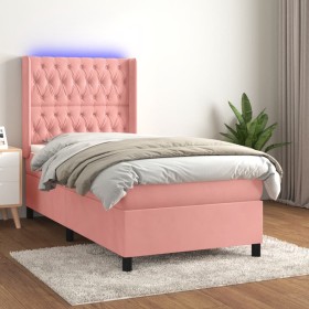 Cama box spring colchón y LED terciopelo rosa 90x200 cm