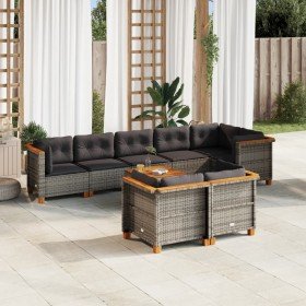 Set de muebles de jardín 9 pzas y cojines ratán sintético gris