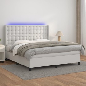 Cama box spring colchón y LED cuero sintético blanco 180x200 cm
