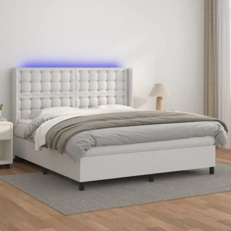Box spring bed with mattress and LED white synthetic leather 180x200 cm by vidaXL, Beds and slatted bases - Ref: Foro24-31393...