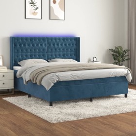Cama box spring colchón y LED terciopelo azul oscuro 180x200 cm