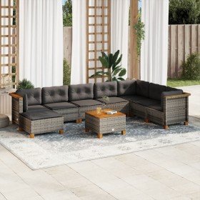 Set de muebles de jardín 9 pzas y cojines ratán sintético gris