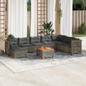 Set de muebles de jardín 9 pzas y cojines ratán sintético gris