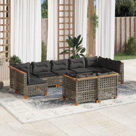 Set de muebles de jardín 9 pzas y cojines ratán sintético gris en Conjuntos de jardín | Comprar online en Foro24