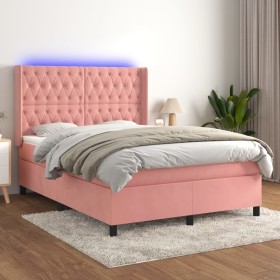 Cama box spring colchón y LED terciopelo rosa 140x190 cm