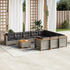 Set de sofás de jardín 11 pzas y cojines ratán sintético gris