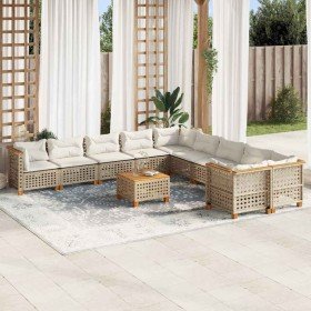 Set de sofás de jardín 11pzas con cojines ratán sintético beige