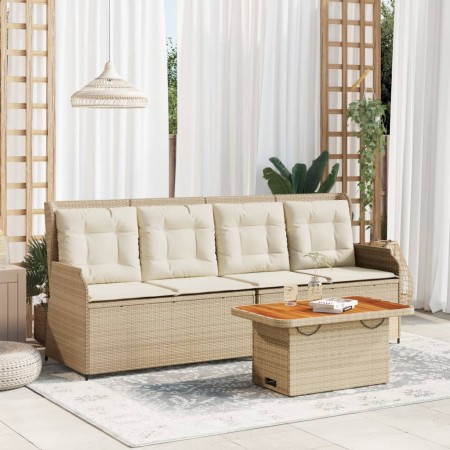 Set muebles de jardín 3 piezas y cojines ratán sintético beige