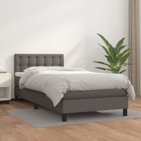 Cama box spring con colchón cuero sintético gris 90x190 cm