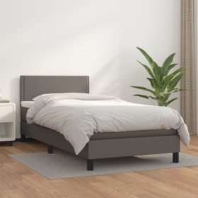 Cama box spring con colchón cuero sintético gris 100x200 cm