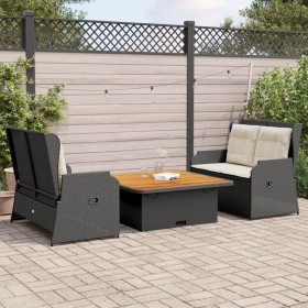 Set de muebles de jardín 3 pzas y cojines ratán sintético negro