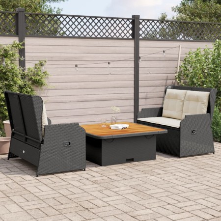 Set de muebles de jardín 3 pzas y cojines ratán sintético negro