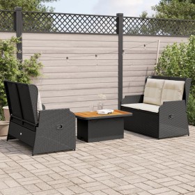 Set de muebles de jardín 3 pzas y cojines ratán sintético negro