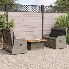 Set de muebles de jardín 3 pzas y cojines ratán sintético gris