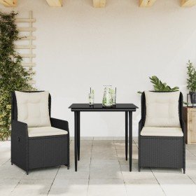 Set comedor de jardín 3 pzas con cojines ratán sintético negro
