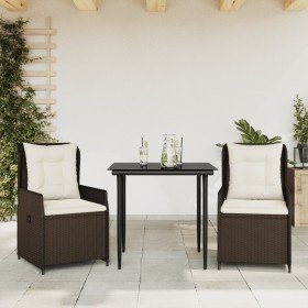 Set comedor de jardín 3 piezas y cojines ratán sintético marrón