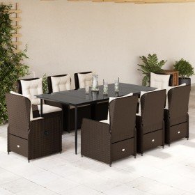 Set comedor para jardín 9 pzas y cojines ratán sintético marrón