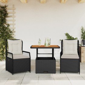 Set comedor de jardín 3 pzas con cojines ratán sintético negro