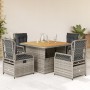 Set comedor de jardín 5 piezas con cojines ratán sintético gris