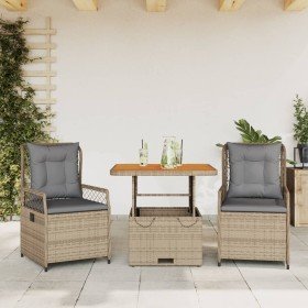 Set comedor de jardín 3 pzas con cojines ratán sintético beige