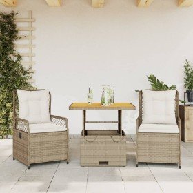Set comedor de jardín 3 pzas con cojines ratán sintético beige