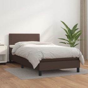 Cama box spring con colchón cuero sintético marrón 90x200 cm