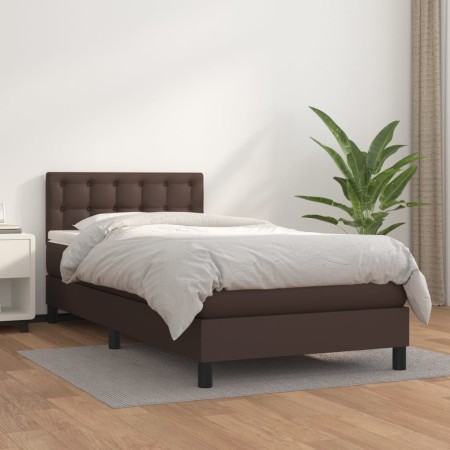 Cama box spring con colchón cuero sintético marrón 90x200 cm