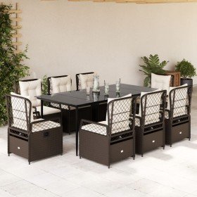 Set comedor para jardín 9 pzas y cojines ratán sintético marrón